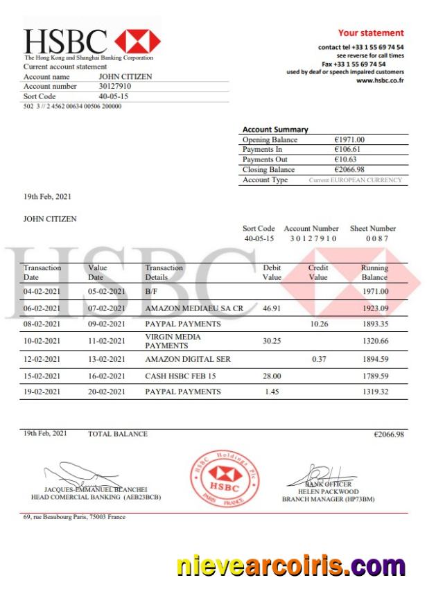 France HSBC bank statement in .doc and .pdf format